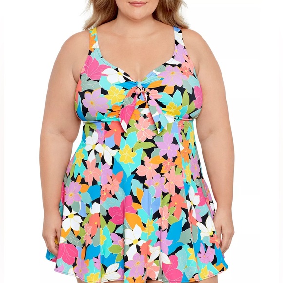 SWIM SOLUTIONS Plus Size Tummy Control Bow-Front Printed Swimdress